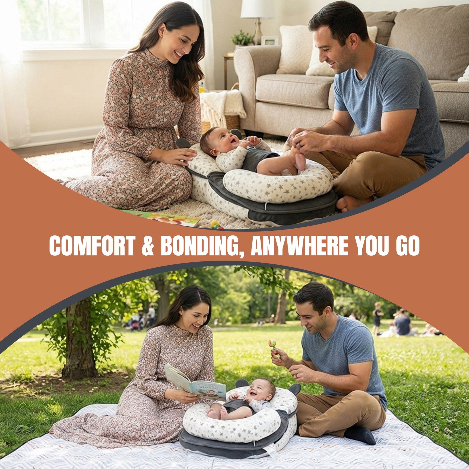 Parents with baby on the BabyfoZap pillow at home and outdoors